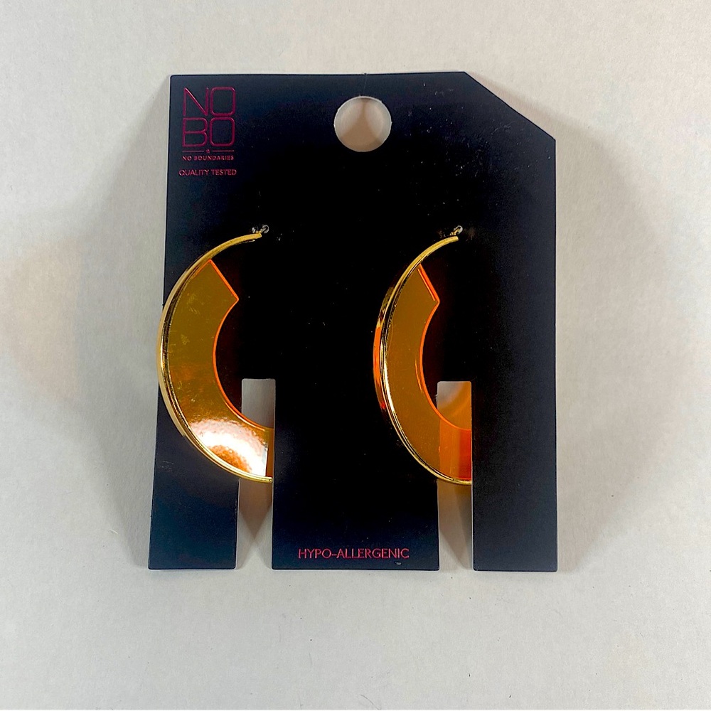 No Boundaries 1 Pair Gold Tone And Neon Orange Hoop Earrings w/ Leverback 3"